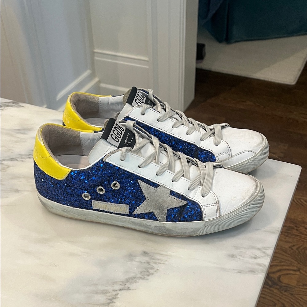 Golden Goose Blue Glitter & White Low-Top Sneakers with Yellow Heel